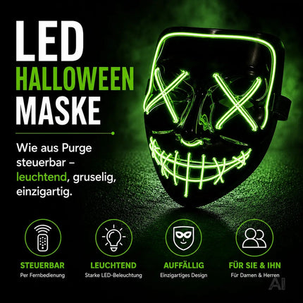 LED Purge Maske grün - Steuerbare Kostümmaske für Halloween, Fasching & Karneval