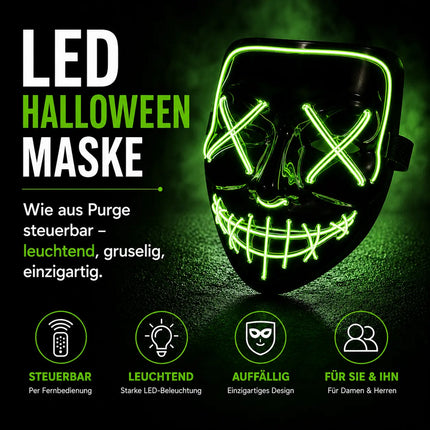 LED Purge Maske grün - Steuerbare Kostümmaske für Halloween, Fasching & Karneval