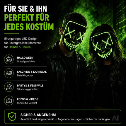 LED Purge Maske grün - Steuerbare Kostümmaske für Halloween, Fasching & Karneval