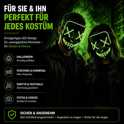 LED Purge Maske grün - Steuerbare Kostümmaske für Halloween, Fasching & Karneval