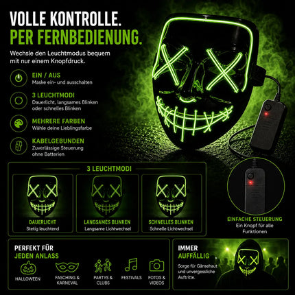 LED Purge Maske grün - Steuerbare Kostümmaske für Halloween, Fasching & Karneval