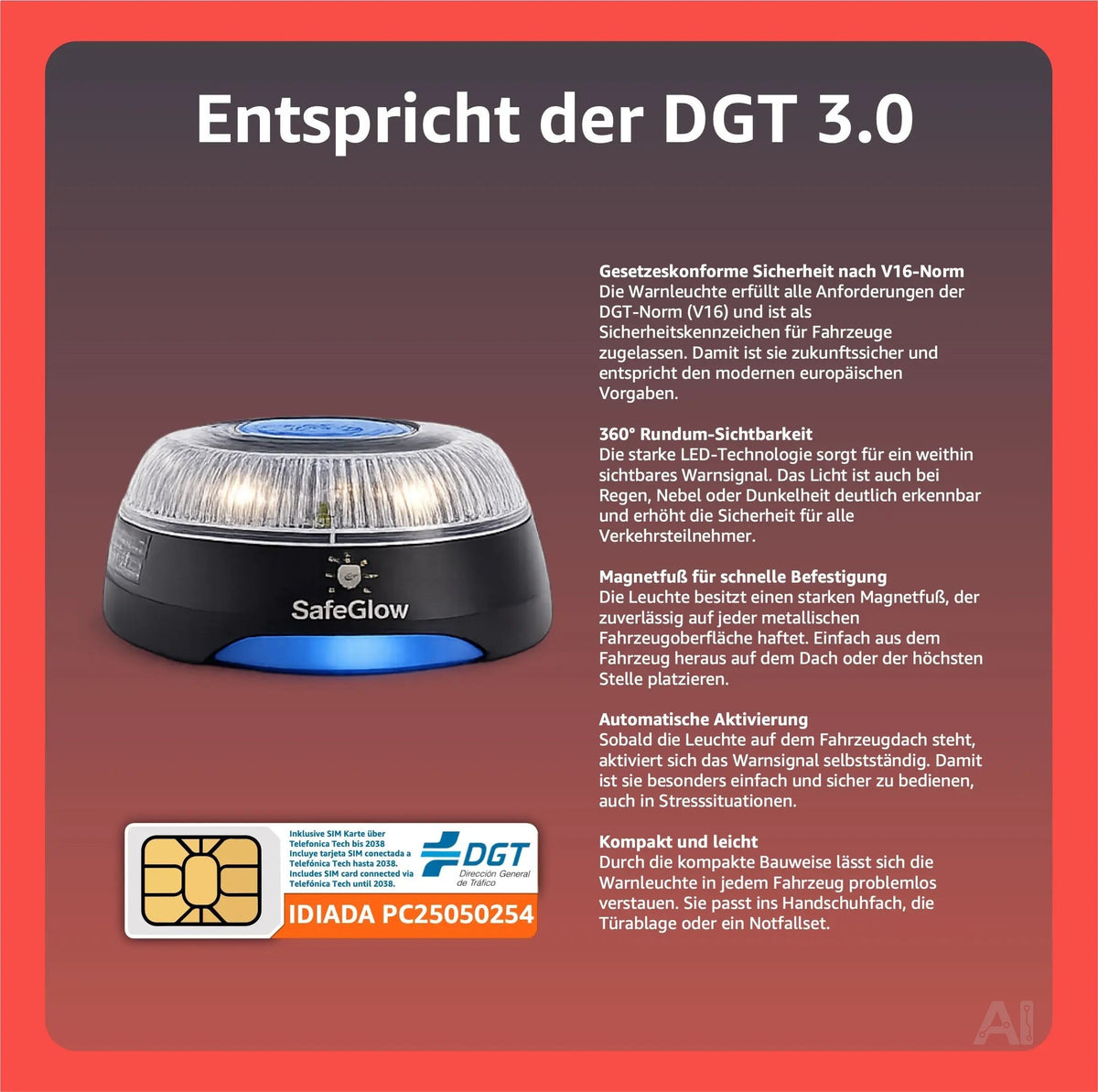 LED Warnleuchte V16 DGT 3.0 mit SIM – Notfallleuchte Auto & Motorrad – IDIADA PC21020060 – Detailansicht 3