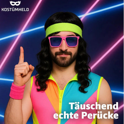 Langhaarperücke Perücke Wig (Schwarz) – 70er & 80er Jahre – für Fasching & Karneval – Detailansicht 2