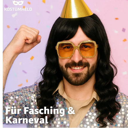 Langhaarperücke Perücke Wig (Schwarz) – 70er & 80er Jahre – für Fasching & Karneval – Detailansicht 3