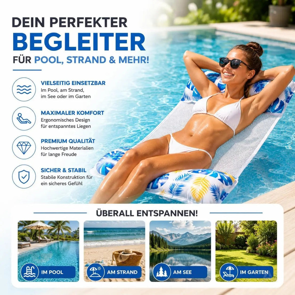 Luftmatratze Pool aufblasbar – Wasserhängematte & Schwimmkissen für Pool, Strand & See – Detailansicht 2