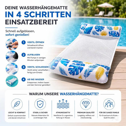 Luftmatratze Pool aufblasbar – Wasserhängematte & Schwimmkissen für Pool, Strand & See – Wasserspielzeug für Erwachsene & Kinder (Schwimmende Hängematte blau)