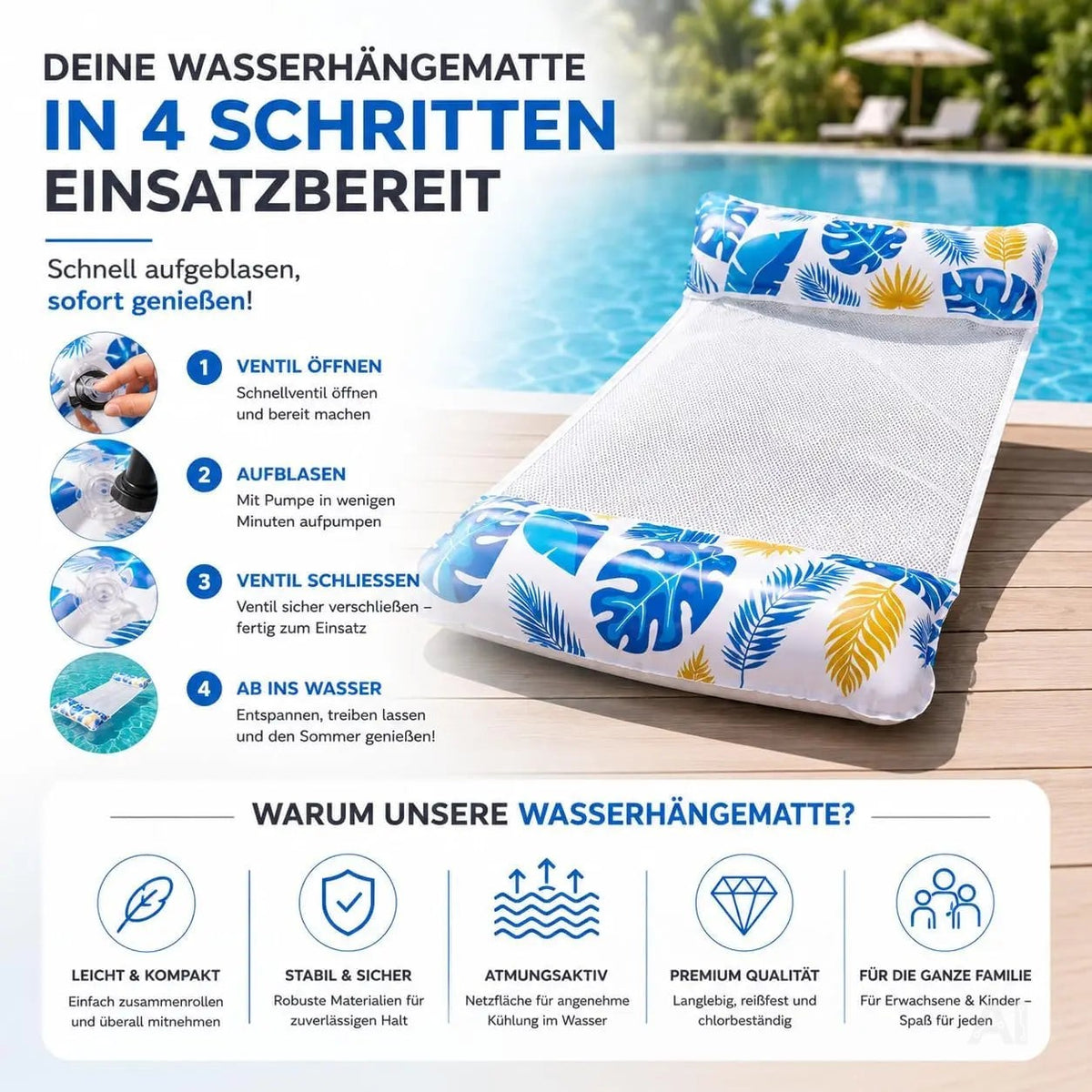 Luftmatratze Pool aufblasbar – Wasserhängematte & Schwimmkissen für Pool, Strand & See – Detailansicht 3