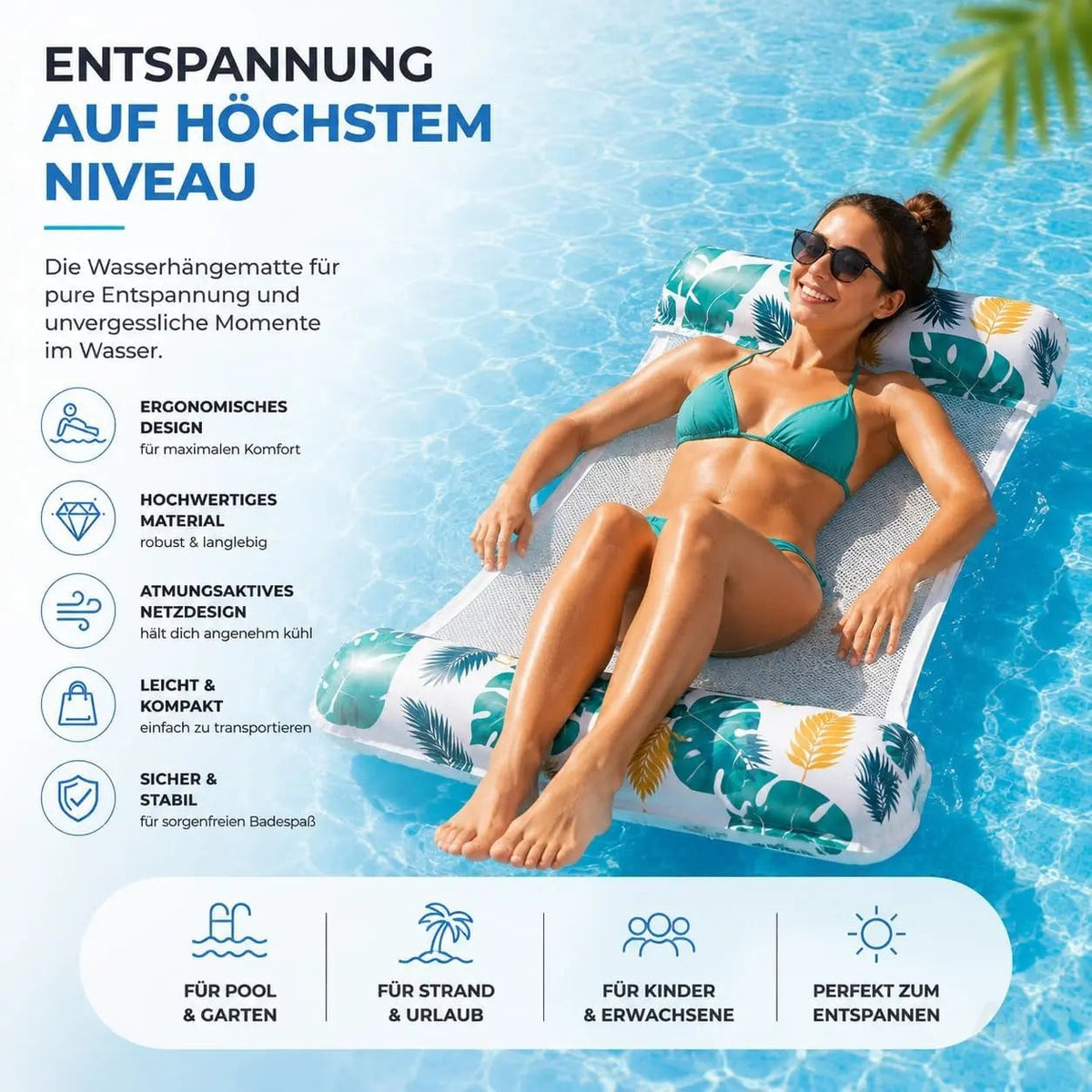 Luftmatratze Pool aufblasbar – Wasserhängematte & Schwimmkissen für Pool, Strand & See – Detailansicht 2