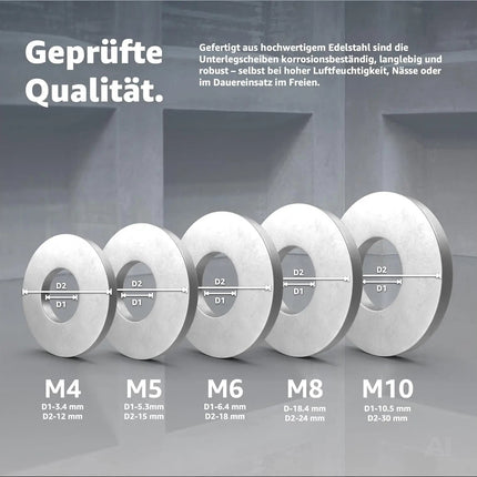 M4 Unterlegscheiben - Edelstahl & Rostfrei - Flache Sicherungsscheiben & Karosseriescheiben für Schrauben & Muttern & Gewinde