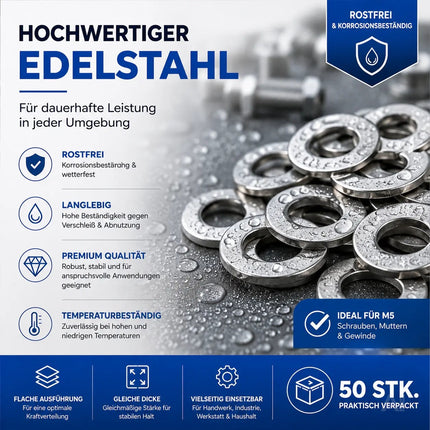 M5 Unterlegscheiben - Edelstahl & Rostfrei - Flache Sicherungsscheiben & Karosseriescheiben für Schrauben & Muttern & Gewinde