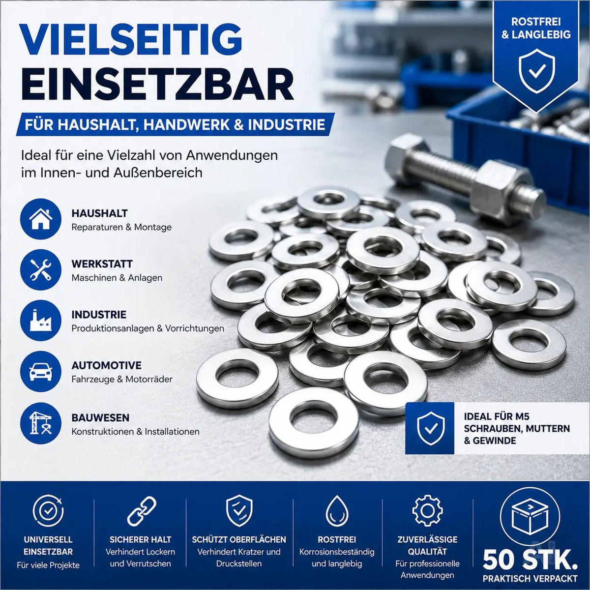 M5 Unterlegscheiben - Edelstahl & Rostfrei - Flache Sicherungsscheiben & Karosseriescheiben für Schrauben & Muttern & Gewinde