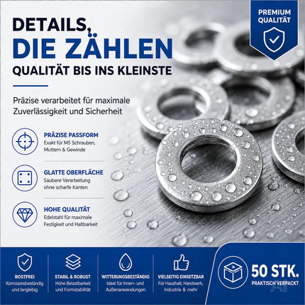 M6 Unterlegscheiben - 50 Stk. - Edelstahl & Rostfrei - Flache Sicherungsscheiben & Karosseriescheiben für Schrauben & Muttern & Gewinde