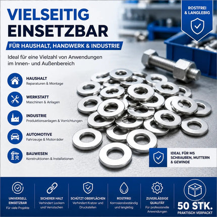 M6 Unterlegscheiben - 50 Stk. - Edelstahl & Rostfrei - Flache Sicherungsscheiben & Karosseriescheiben für Schrauben & Muttern & Gewinde