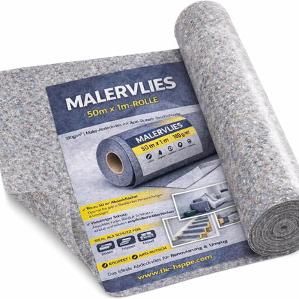 Malervlies Abdeckvlies 50 x 1m – 180g/m² Schutzvlies mit Anti-Rutsch Beschichtung – Bodenschutz & Möbelschutz für Umzug, Renovierung und Baustelle