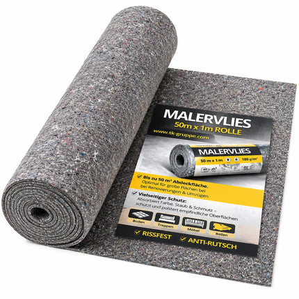 Malervlies Abdeckvlies 50 x 1m – 180g/m² Schutzvlies mit Anti-Rutsch Beschichtung – Bodenschutz & Möbelschutz für Umzug, Renovierung und Baustelle