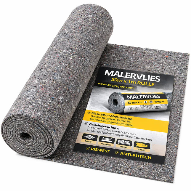 Malervlies Abdeckvlies 50 x 1m – 180g/m² Schutzvlies mit Anti-Rutsch Beschichtung – Bodenschutz & Möbelschutz für Umzug, Renovierung und Baustelle