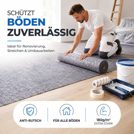 Malervlies Abdeckvlies 50 x 1m – 180g/m² Schutzvlies mit Anti-Rutsch Beschichtung – Bodenschutz & Möbelschutz für Umzug, Renovierung und Baustelle