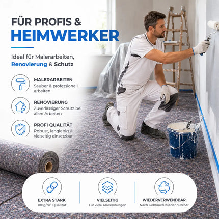 Malervlies Abdeckvlies 50 x 1m – 180g/m² Schutzvlies mit Anti-Rutsch Beschichtung – Bodenschutz & Möbelschutz für Umzug, Renovierung und Baustelle