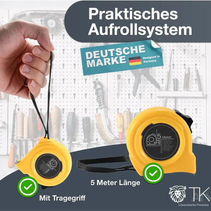 Maßband 5 Meter mit Halterung - robustes Maßband & Bandmass zum präzisen Messen mit Feststeller