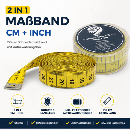 Maßband Massband 2 in 1 - Maßband cm + INCH Schneidermaßband 150 cm