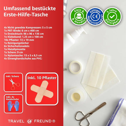 Mini Erste Hilfe Set Verbandskasten - klein & handlich Reiseapotheke - Camping & Travel & Wandern & Outdoor & Fahrrad - First Aid Kit - Unterwegs & reise