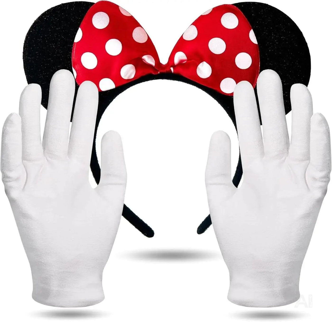 Minnie Maus Kostüm Set mit Ohren und Handschuhen – 2er Set Mausohren für Damen an Fasching & Karneval