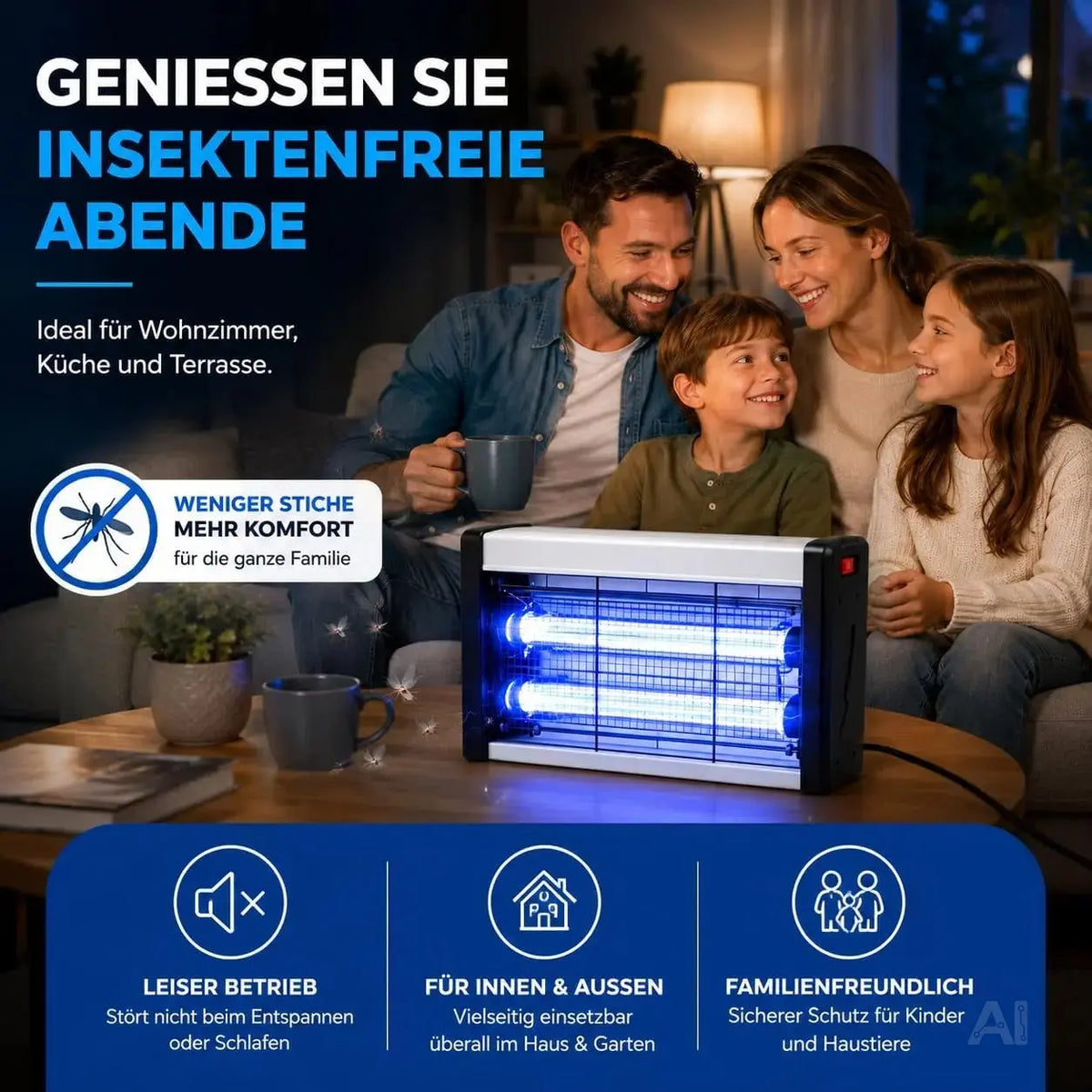 Mückenlampe elektrisch – Insektenvernichter mit UV-Licht – Fliegenfalle & Mückenfalle für effektiven Moskitoschutz (Eckig)