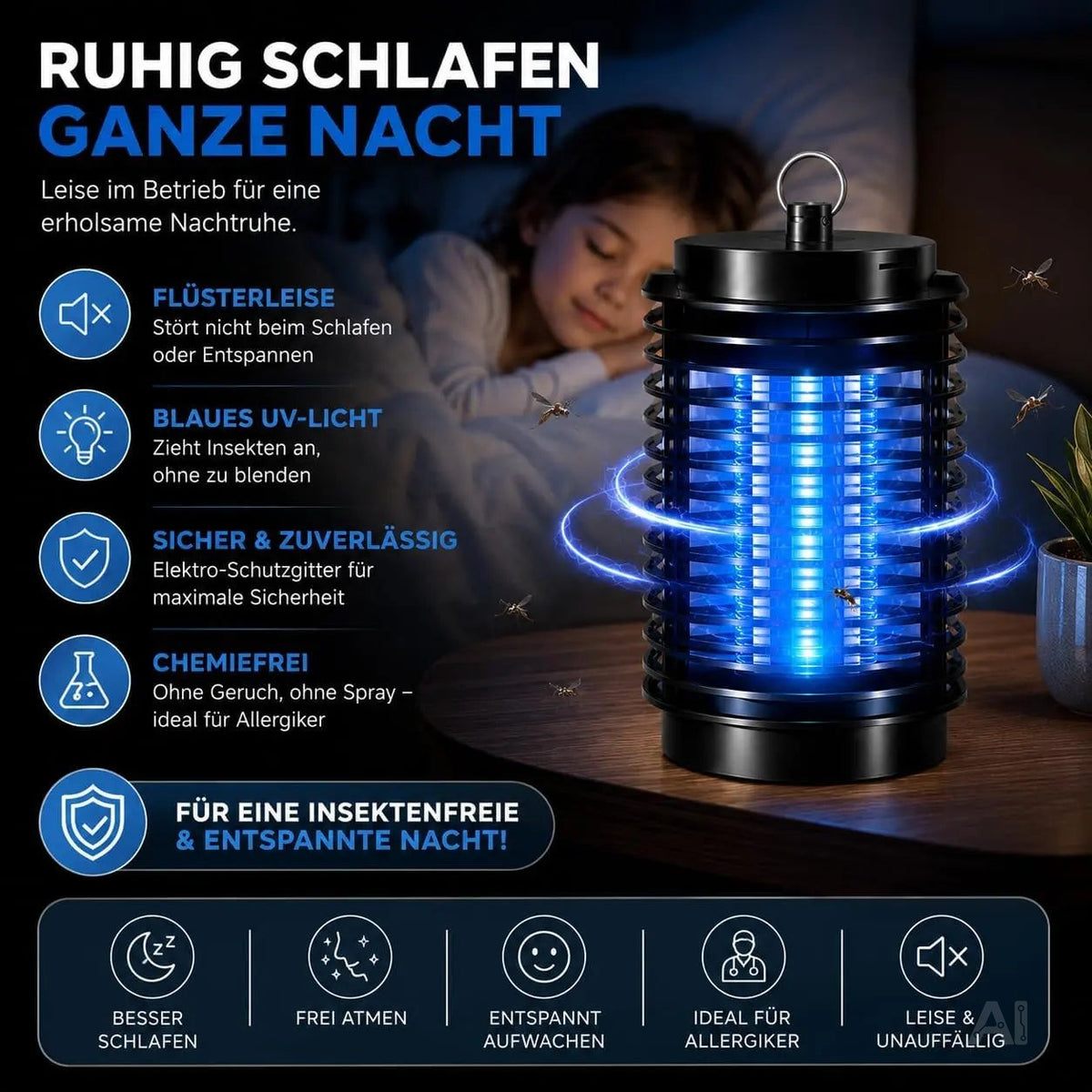 Mückenlampe elektrisch – Insektenvernichter mit UV-Licht – Fliegenfalle & Mückenfalle für effektiven Moskitoschutz (Rund)