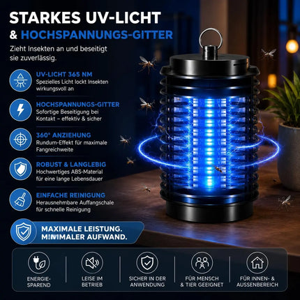Mückenlampe elektrisch – Insektenvernichter mit UV-Licht – Fliegenfalle & Mückenfalle für effektiven Moskitoschutz (Rund)