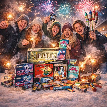 Neujahrs-Feuerwerk Set 2026 – sorgt für unvergessliche Silvesterfeiern mit Feuerwerksartikeln, Wunderkerzen und Knallerbsen (Merlin)