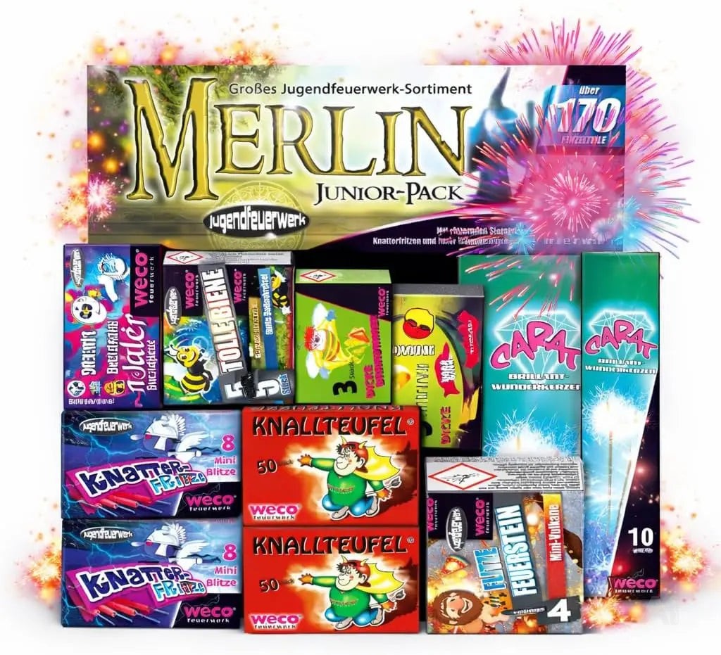 Neujahrs-Feuerwerk Set 2026 – sorgt für unvergessliche Silvesterfeiern mit Feuerwerksartikeln, Wunderkerzen und Knallerbsen (Merlin)