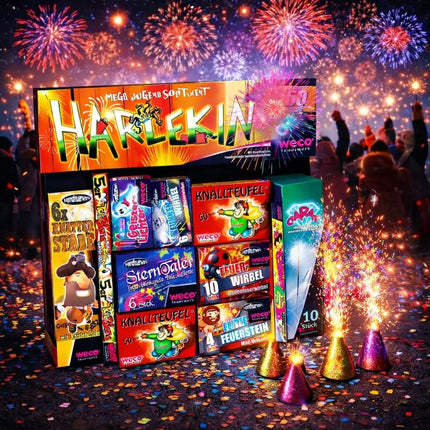 Neujahrs-Partyset mit Feuerwerks-Highlights – ideal für Silvester, Festlichkeiten und stimmungsvolle Feiern - Set mit 150 Teilen (Harlekin)