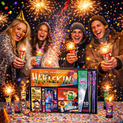 Neujahrs-Partyset mit Feuerwerks-Highlights – ideal für Silvester, Festlichkeiten und stimmungsvolle Feiern - Set mit 150 Teilen (Harlekin)