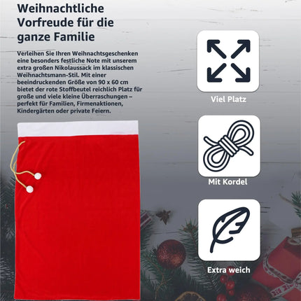 Nikolaussack 90x60 cm – Weihnachtssack & Geschenkesack zum Befüllen | Weihnachts-Accessoire für Geschenke & Deko