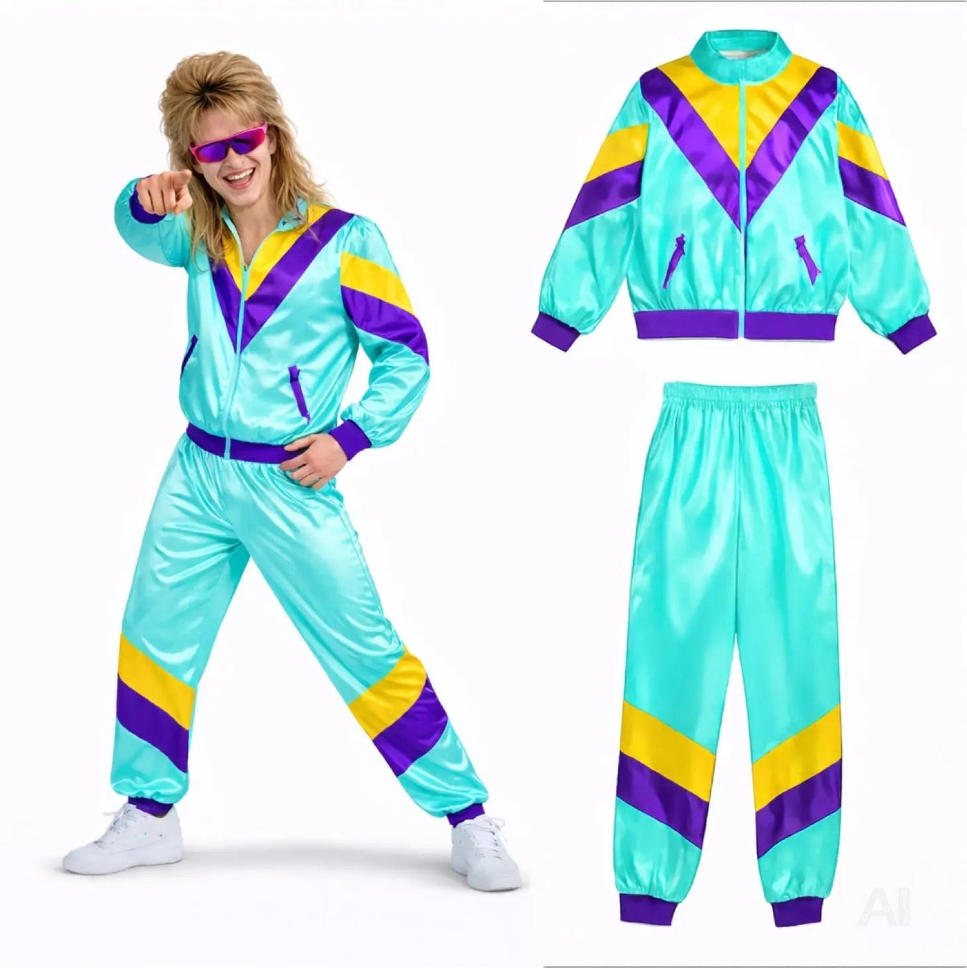 80er 90er Jahre Trainingsanzug Outfit Overall - neon Jogginganzug Herren & Damen - Retro Bad Taste für Fasching & Karneval (Blau, L/XL)