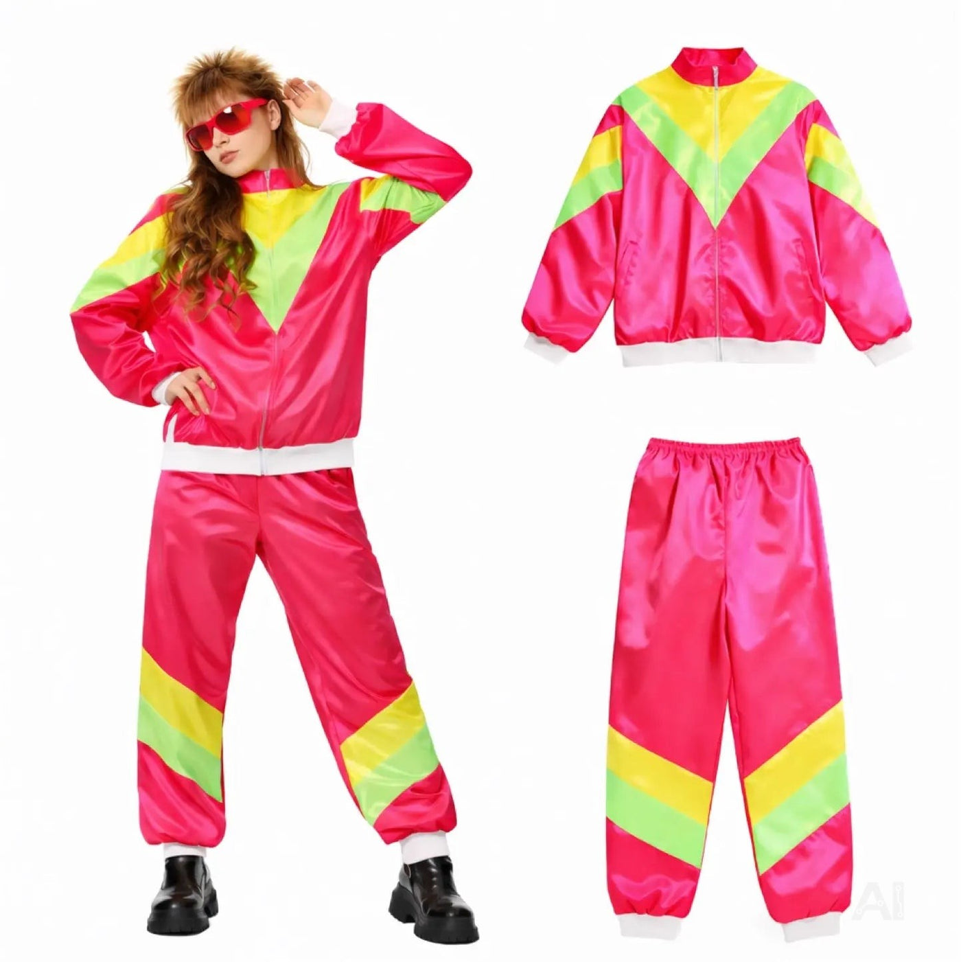 80er 90er Jahre Trainingsanzug Outfit Overall - neon Jogginganzug Herren & Damen - Retro Bad Taste für Fasching & Karneval (Pink, L/XL)