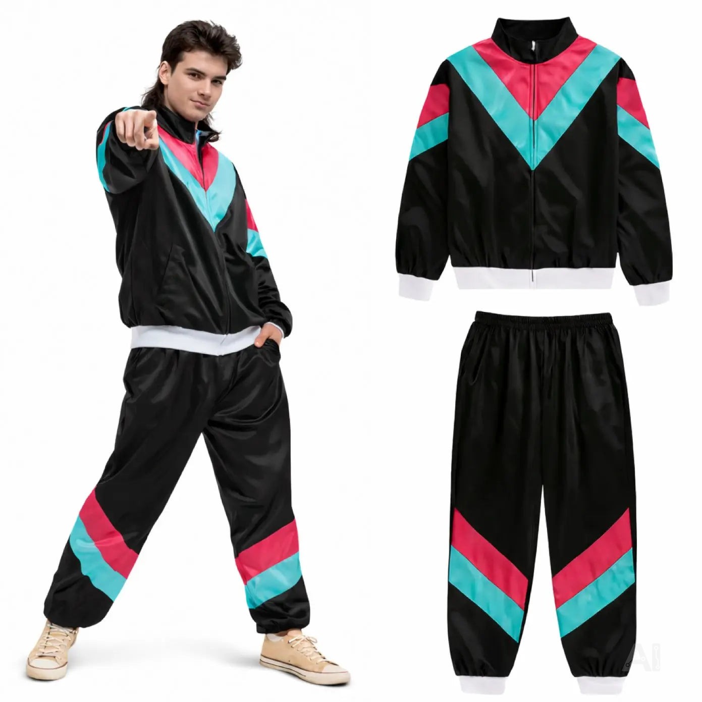 80er 90er Jahre Trainingsanzug Outfit Overall - neon Jogginganzug Herren & Damen - Retro Bad Taste für Fasching & Karneval (Schwarz, L/XL)