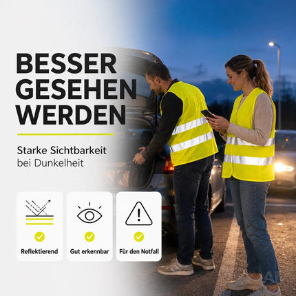 OwnWheel 4X Auto Warnweste ISO20471-2026: gelb - reflektierende Sicherheitsweste für PKW & LKW – Detailansicht 5