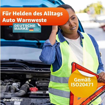 OwnWheel 4X Warnweste Auto ISO20471-2024 & 2025: Neongelb - reflektierende Sicherheitsweste für PKW & LKW - Notfall & Pannenwesten