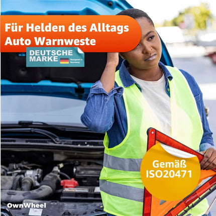 OwnWheel 4X Warnweste Auto ISO20471-2025: gelb - reflektierende Sicherheitsweste für PKW & LKW - Notfall & Pannenwesten