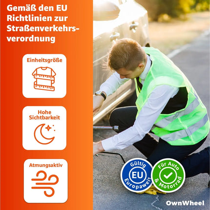 OwnWheel 4X Warnweste Auto ISO20471-2025: gelb - reflektierende Sicherheitsweste für PKW & LKW - Notfall & Pannenwesten