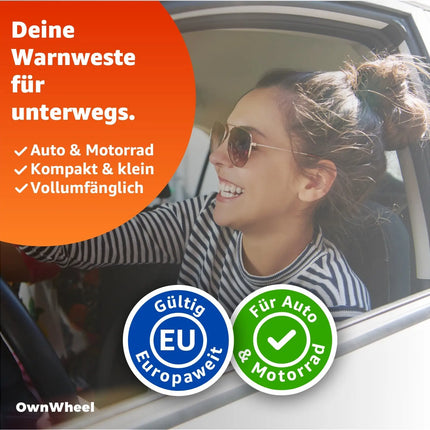 OwnWheel 4X Warnweste Auto ISO20471-2025: gelb - reflektierende Sicherheitsweste für PKW & LKW - Notfall & Pannenwesten