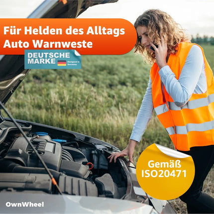OwnWheel 4x Warnwesten Auto ISO 20471 - Sicherheitsweste 2025 orange: Unfall- und Pannenwesten & Warnwesten für Autos, PKW und LKW - Autozuebhör