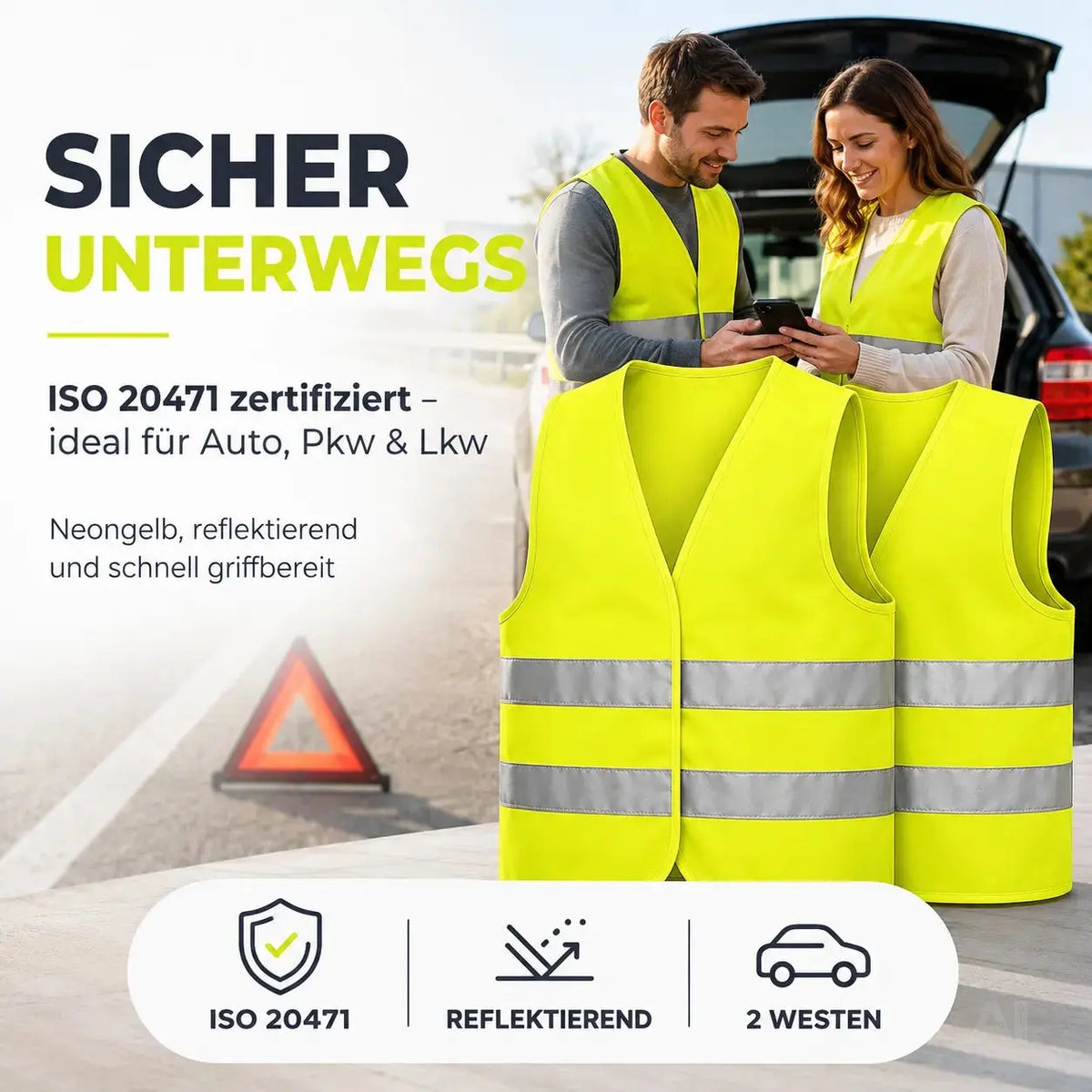 POWR CAR 2X Warnweste Auto gelb ISO20471 - Pannenweste & Unfallweste – Detailansicht 2