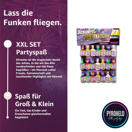 PYROHELD Party Schampus Popper 20er Set - Bunte Schampusknaller für Silvester & Feiern, Kategorie F1, geeignet für Jugendliche & Kinder, Tischdeko-Highlight 2025