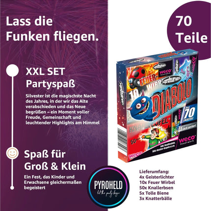 PYROHELD XXL Set Diabolo - 70 Teile Jugendfeier Tischartikel für Partys & Feuerwerk Silvester Kat. F1 für Jugendlichen & Kinder 2025