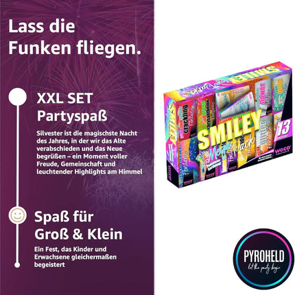 PYROHELD XXL Smiley Set 8-teilig – Super für Partys und Silvester, geeignet für Jugendliche und Kinder 2026 - Jugendfeuerwerk