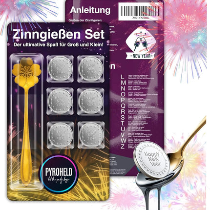 PYROHELD let the party begin 7-teiliges Zinngießen - Set: Traditionelles Gießen mit Zinn wie Bleigießen, inklusive Löffel & Deutungsbuch - Silvester & Neujahr 2024 & 2025