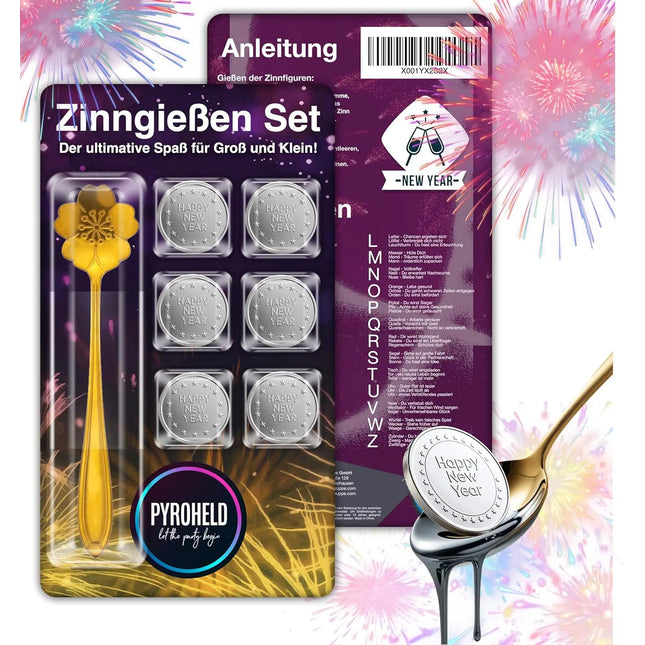 PYROHELD let the party begin 7-teiliges Zinngießen - Set: Traditionelles Gießen mit Zinn wie Bleigießen, inklusive Löffel & Deutungsbuch - Silvester & Neujahr 2024 & 2025