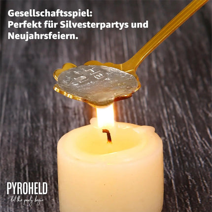 PYROHELD let the party begin 7-teiliges Zinngießen - Set: Traditionelles Gießen mit Zinn wie Bleigießen, inklusive Löffel & Deutungsbuch - Silvester & Neujahr 2024 & 2025